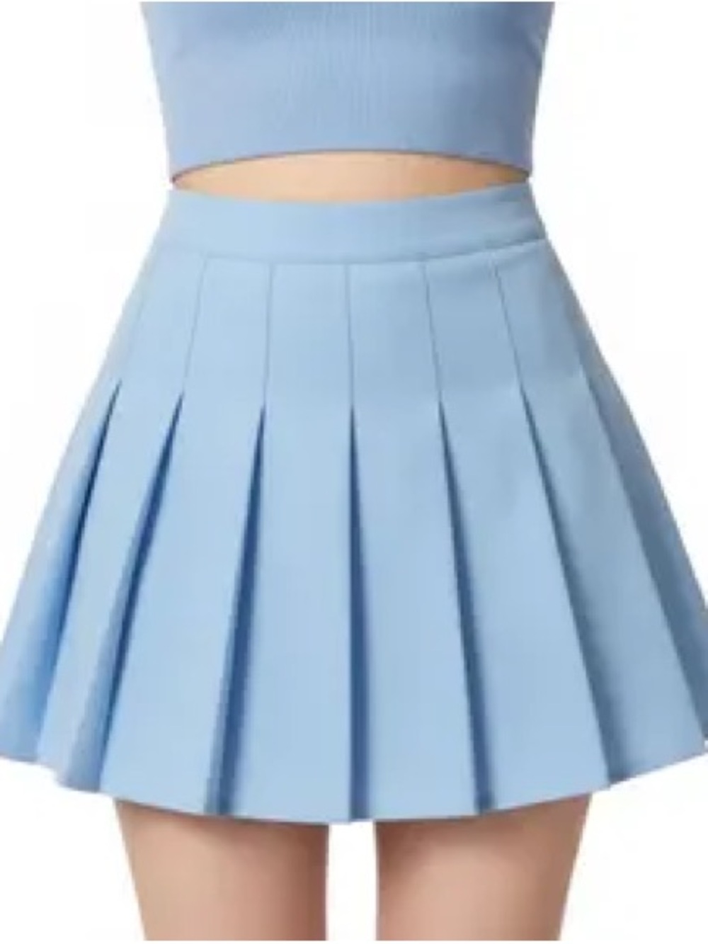 High-Waist Light Blue Pleated Skater Skirt